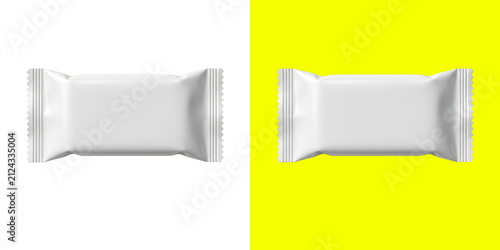 Blank white snack food packaging mockup for candy bar or chocolate bar wrapper design isolated on simple bright background