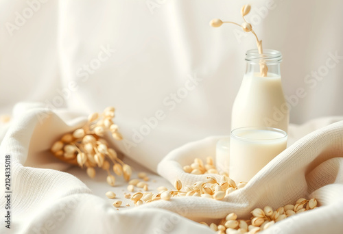 Oat milk in a glass and bot...