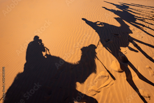 High angle view of long shadows of a camel caravan and riders casted on the golden sand dunes of the Sahara desert under the sunset lights