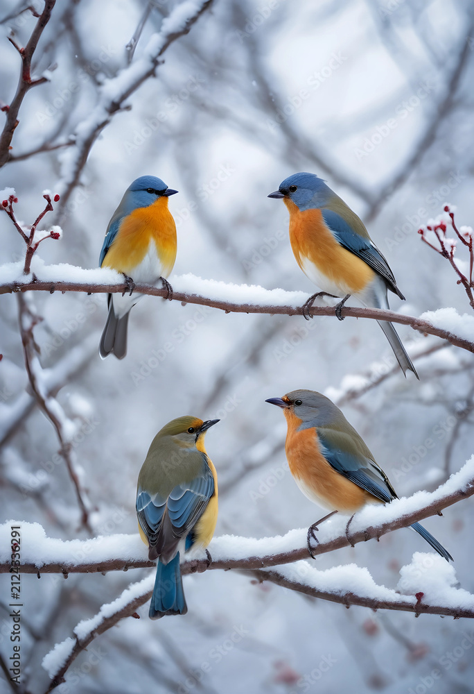 Fototapeta premium Four colorful birds perched on snow-covered branches in a winter forest scene, Nature and wildlife