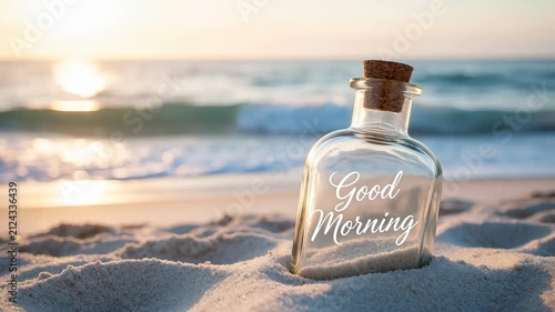 Glass bottle with good morning text on a sandy beach during beautiful sunrise over the ocean waves 
