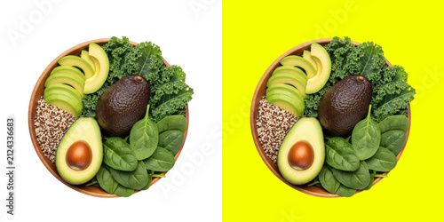 Fresh green avocado salad bowl with healthy vegetables and quinoa served in a wooden bowl for a nutritious organic meal