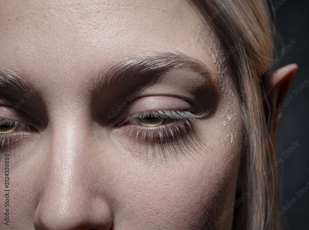 Fototapeta premium extreme close-up of elf eyes with white lashes and pointed ear, fantasy character macro portrait