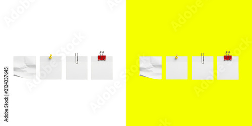 Set of square sticky note papers with push pins and binder clips in realistic style for office and school project notes