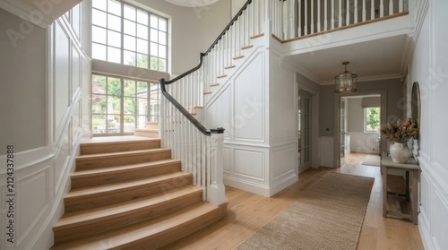 Elegant wooden staircase with white paneling and large windows in a modern home