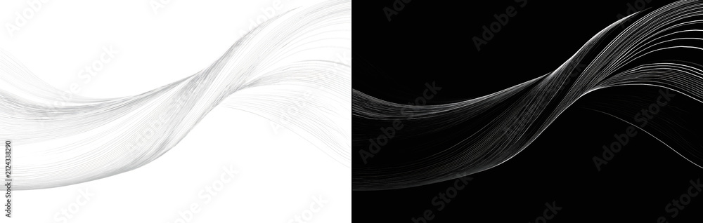 Obraz premium Abstract white smoke wave flow set isolated on white and black background. Smooth silver wave lines. Dynamic flowing monochrome curved lines