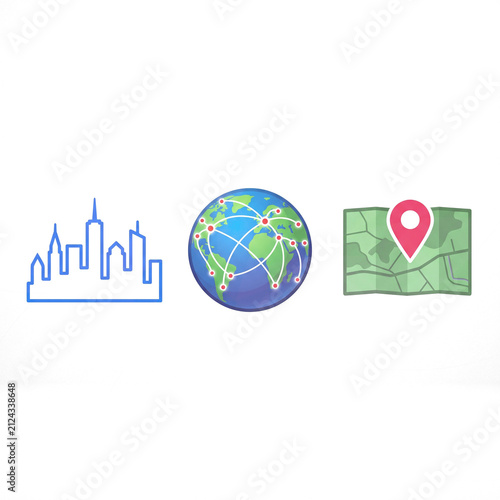 Set of icons representing city skyline, global network connection, and map location pin isolated on transparent background