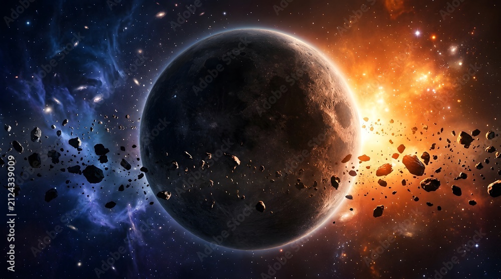 Naklejka premium A dramatic view of a dark planet surrounded by a dense asteroid field in deep space