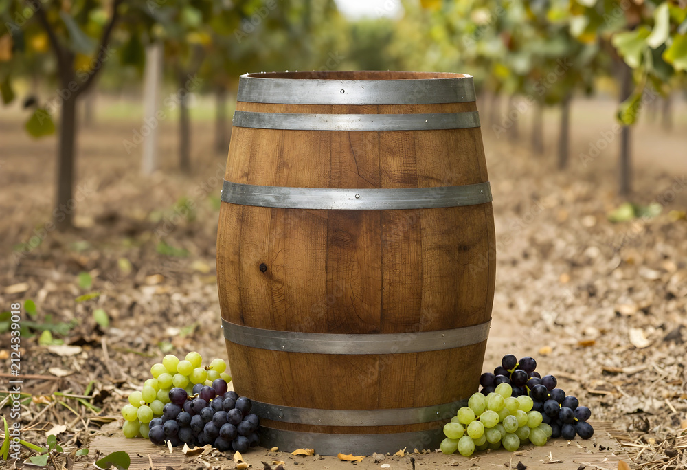 Obraz premium Wooden wine barrel with fresh green and red grapes on the ground in a vineyard during harvest season, Winemaking process and the abundance of harvest season