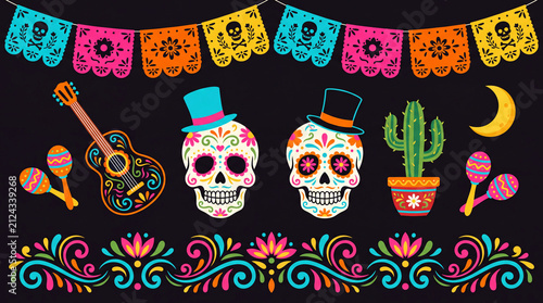 Festive Day of the Dead graphic set featuring decorated sugar skulls, colorful papel picado banners, a cactus, guitar, and maracas on a black background.