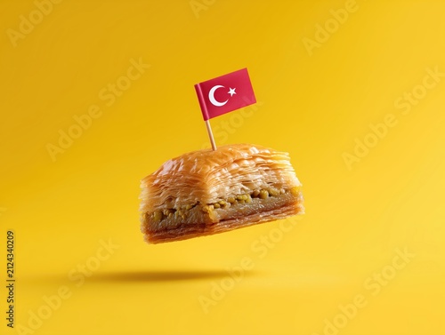 turkish baklava with flag on yellow background
