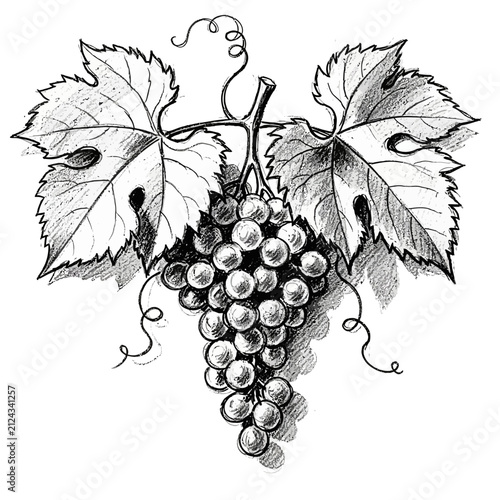 Foto Hand-drawn botanical sketch of a bunch of grapes with textured leaves and long v