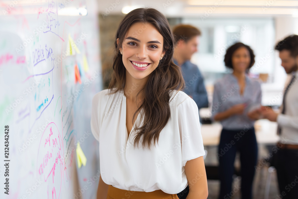 Fototapeta premium Portrait of happy smiling confident young very attractive businesswoman CEO professional manager entrepreneur in a skirt presenting at a business meeting in front of a whiteboard looking at camera