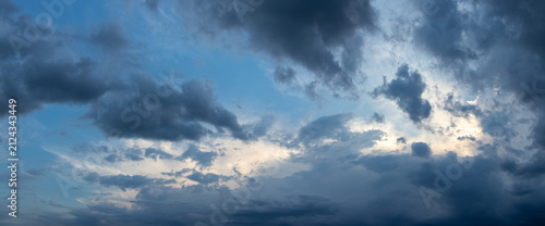 Dramatic sky with heavy dark clouds before storm panoramic view