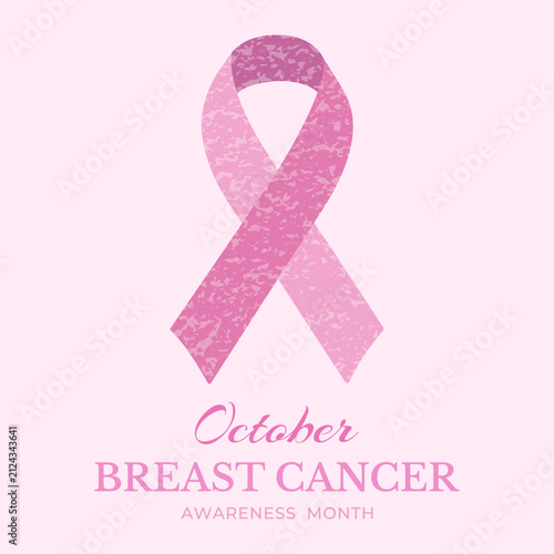 Textured pink ribbon vector poster for breast cancer awareness month. Grunge style symbol template for medical health campaign, survivor support, and charity fundraising events.