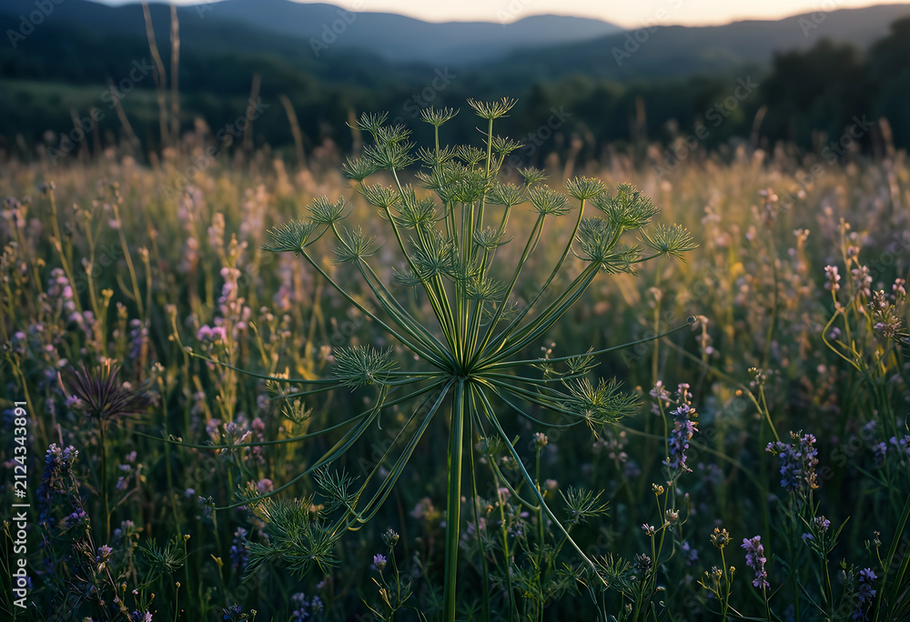 Obraz premium Wildflower meadow with a prominent green plant in the foreground and mountains in the distance at sunset