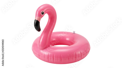 Inflatable pink flamingo pool float. Isolated swimming ring for summer water recreation.