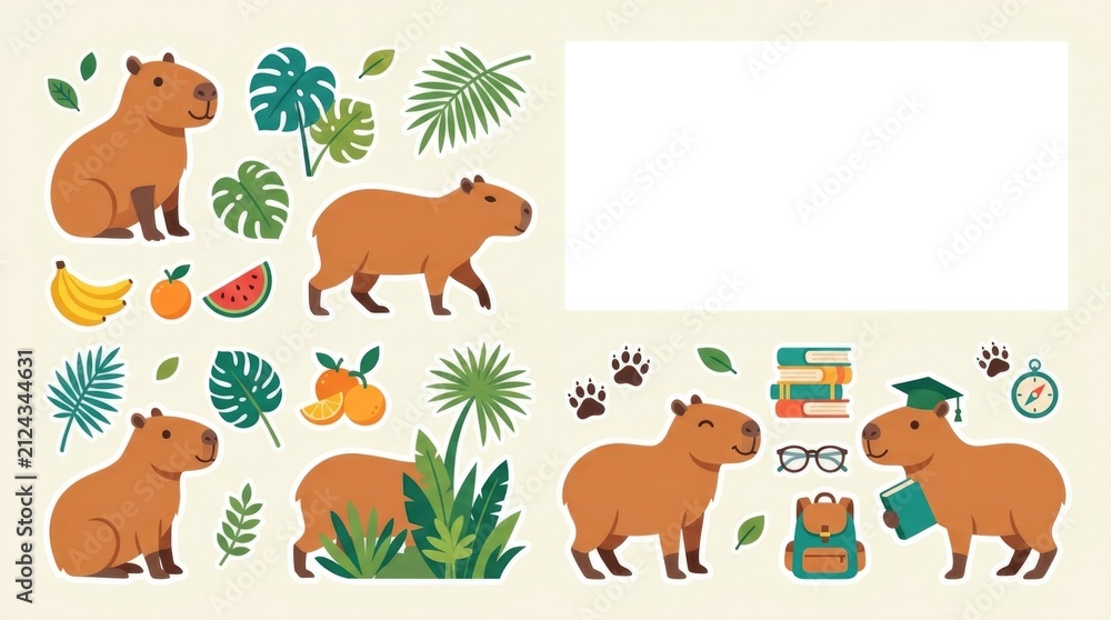 Obraz premium Educational capybara clipart set with simple anatomy-friendly proportions, multiple poses, paw prints, tropical plants, fruits and playful accessorie