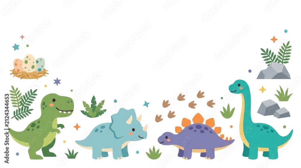 Fototapeta premium Premium children's dinosaur clipart pack with adorable baby Tyrannosaurus, Triceratops, Stegosaurus and Brachiosaurus, dinosaur eggs, footprints, fern