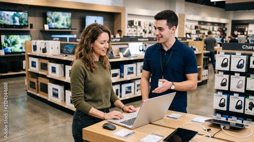 Customer consults with electronics store employee about laptop purchase in modern retail environment