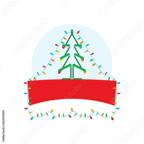 Simple geometric Christmas tree graphic with colorful light bulb garland