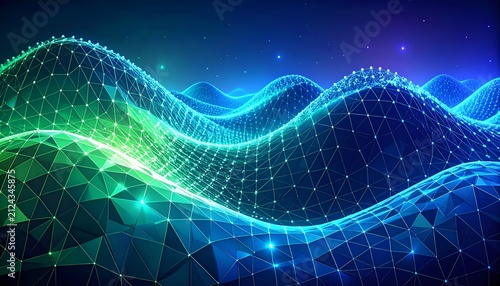 Abstract Digital Network Landscape with Glowing Green and Blue Waves