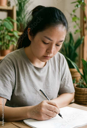 Young asian woman writing n...