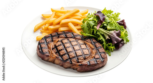 A grilled ribeye steak served with a side of crispy french fries and fresh green salad on a white plate, isolated on a white background isolated on a transparent background