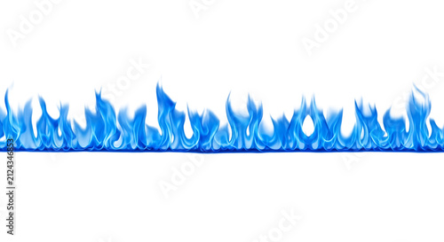 A horizontal strip of bright blue flames flickering upwards isolated on a white background, for use as, a decorative border, or fire effect isolated on a transparent background