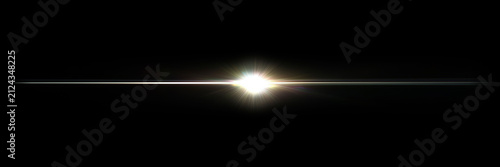 Abstract bright white horizontal lens flare light streak on black background