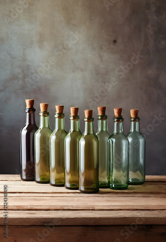 Eight empty glass bottles w...