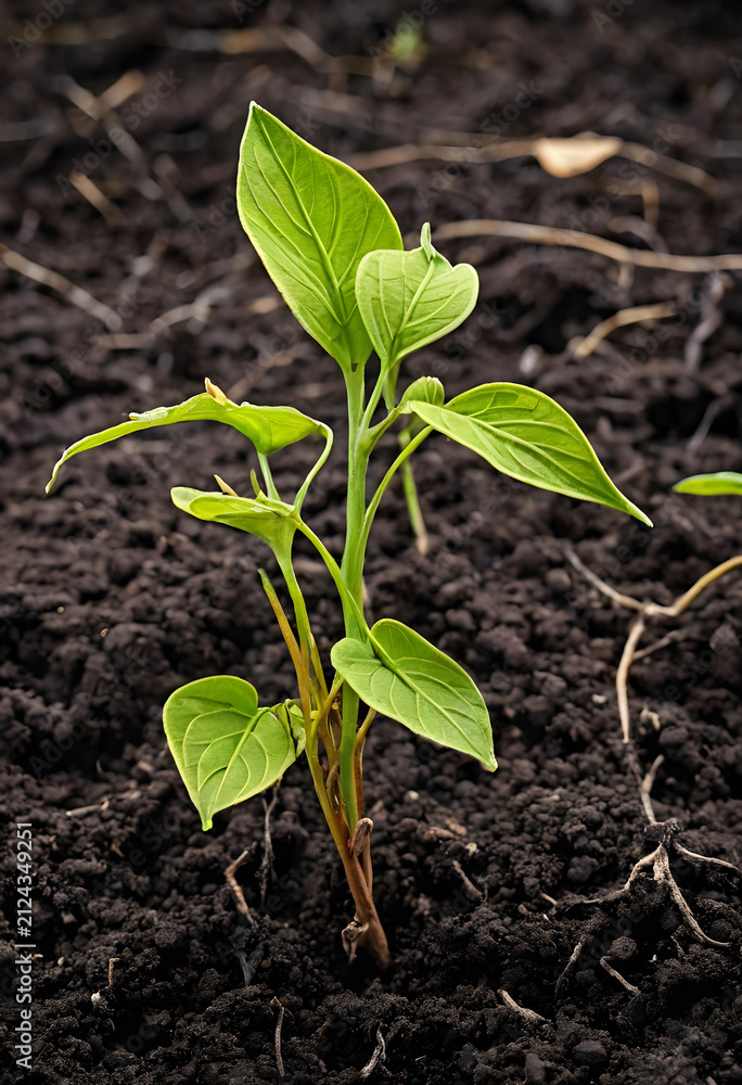 Obraz premium Young green plant seedling growing in dark fertile soil, agriculture and new life