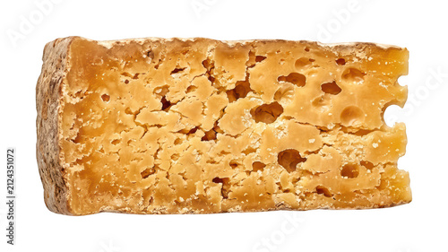 Fotografie Aged cheese slice cutout Porous swiss cheese png Yellow hard cheese cutout Gourm