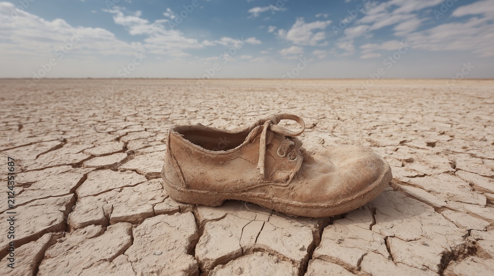 Fototapeta premium Single abandoned shoe in cracked desert soil. A lone worn shoe lies on dried cracked earth symbolizing drought and environmental crisis.