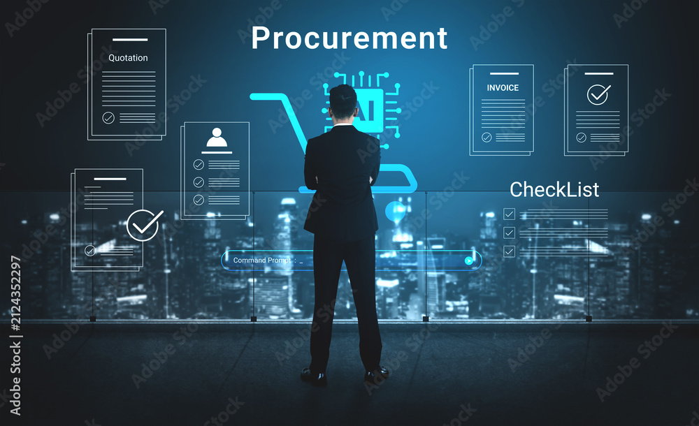 Obraz premium A business professional stands in front of a digital screen analyzing the procurement process using financial documents and analytics in a modern office setting, showcasing urban night views. Cyphers