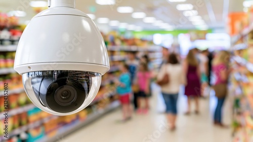 Security camera overseeing shoppers in retail supermarket aisle