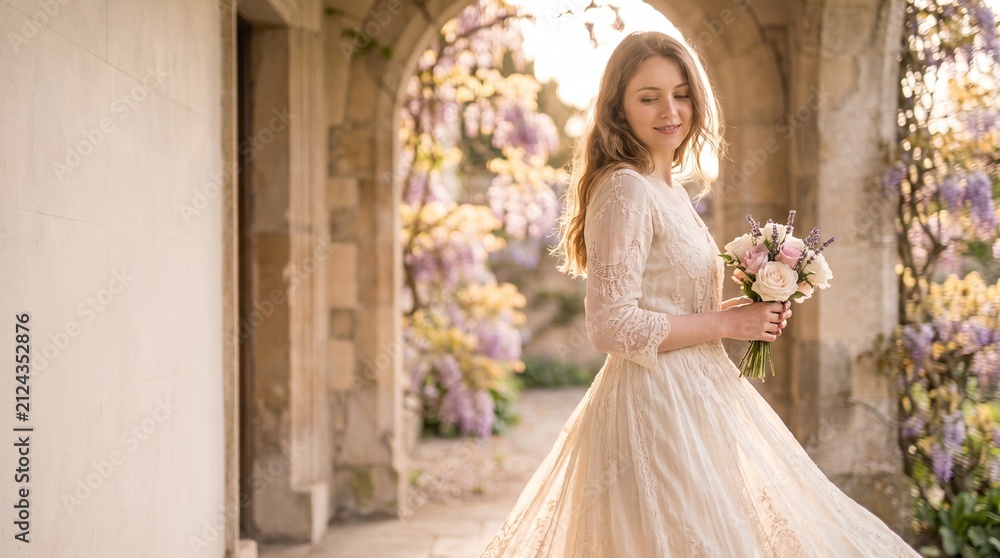 Obraz premium Restored vintage dress moves through a pastel garden before celebration