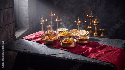 Traditional Indian food feast on slate table. Authentic Asian cuisine with glowing oil lamps.