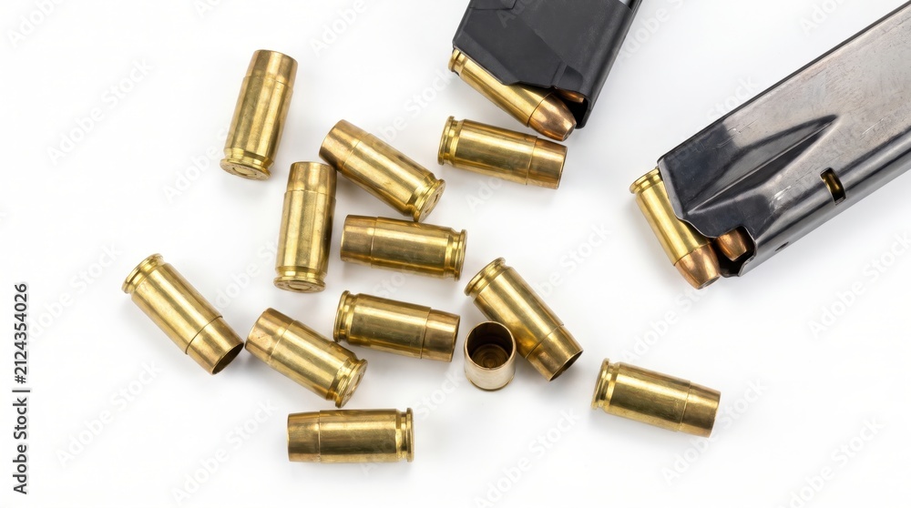 Obraz premium empty brass bullet casings scattered near loaded black pistol magazine on white background. firearms ammunition, military concept, crime scene investigation. copyspace, banner, website header.