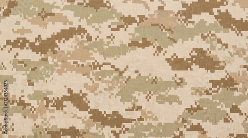 digital camouflage fabric texture in desert colors. modern military uniform pattern with tan and brown pixels. army tactical textile background. print design, banner, website header.