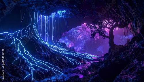 Mystical glowing cave with waterfall and alien tree, vibrant neon lights