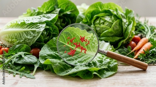Magnifying glass showing harmful bacteria on lettuce