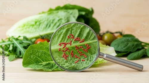 Magnifying glass showing harmful bacteria on lettuce