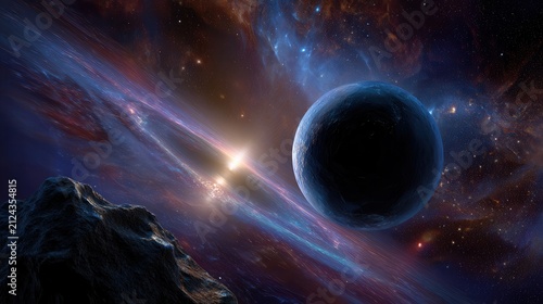 Rocky moon foreground overlooking distant blue planet with bright asteroid streaks crossing purple nebula sky and cratered terrain under starlight, with space, planet, moon, asteroid detail