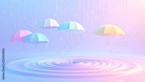 Pastel Umbrellas Floating in Gentle Rain, Rippling Water Surface, Soft Colors
