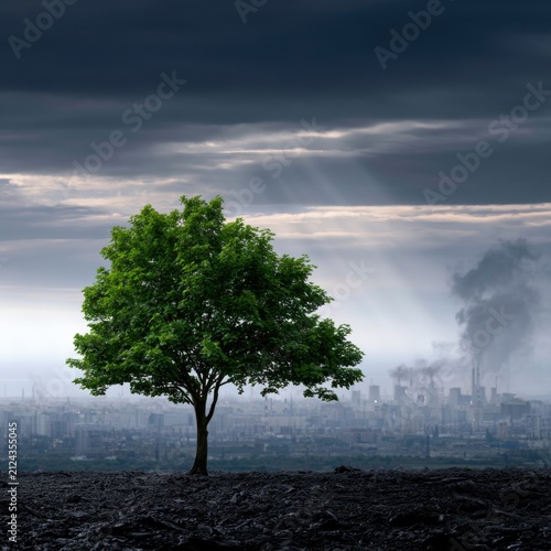 A solitary green tree stands resilient against a dark polluted industrial cityscape under heavy clouds and sun rays breaking through the overcast sky