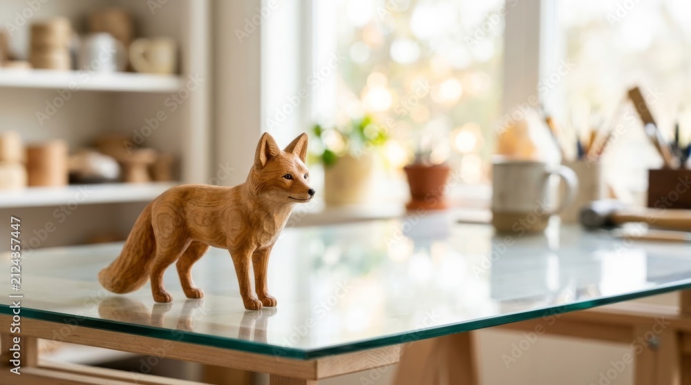 Naklejka premium Hand-carved wooden fox figurine on a glass desk, ideal for product photography with copy space and soft bokeh