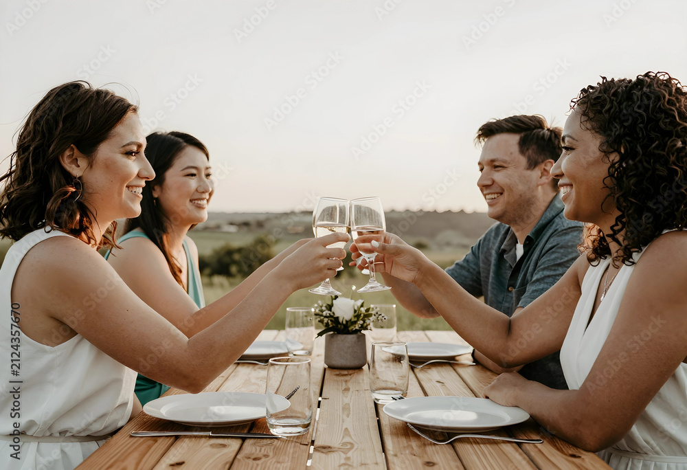 Naklejka premium Diverse group of friends toasting with wine glasses at an outdoor dinner party, celebrating friendship and togetherness, They are celebrating friendship and togetherness