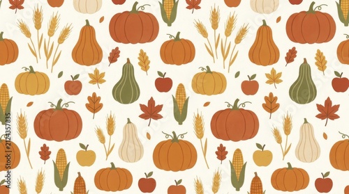 Flat autumn harvest background with pumpkin and wheat elements. Seasonal vegetable pattern for Thanksgiving design. Organic farm produce texture with fall foliage and corn decorations.