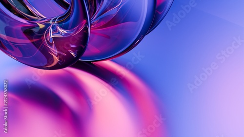 Abstract Futuristic 3d Background, geometric orb in corner compositions with Smooth Glass Texture in Iridescent color Tones of Pink Blue Purple Gradient Backdrop 